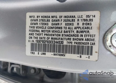 2014 Honda Civic Ex from USA, damaged, VIN 19XFB2F83EE244530